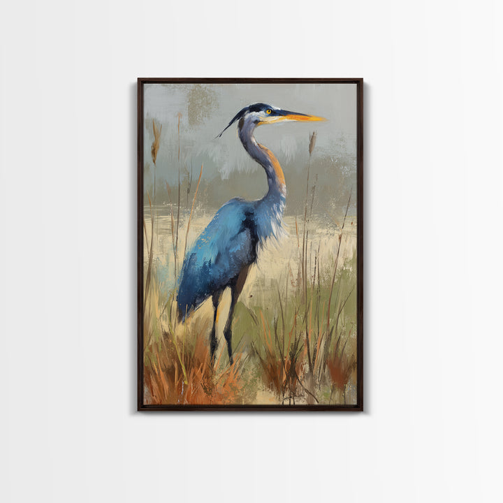 Blue Heron in Misty Marsh Grass Canvas Print, Bird Art, Mid Century Modern, Living Room Decor, Flight, Botanical Wall Art, BIR-2x3-82