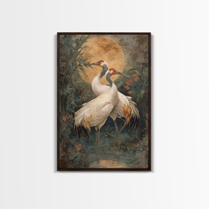Pair of Cranes Dancing Framed Canvas Print, Bird Art, Boho Wall Decor, Living Room Decor, Abstract Art, Flight, Nature Wall Art, BIR-2x3-83