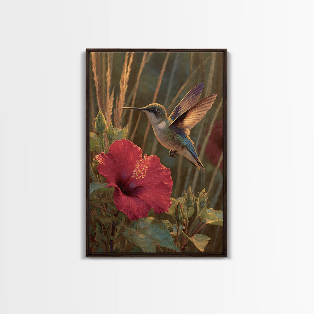Hummingbird Hovering Beside Bright Hibiscus Framed Canvas Print, Bird Art, Nature Prints, Living Room Decor, Fine Art, Flight, BIR-2x3-84
