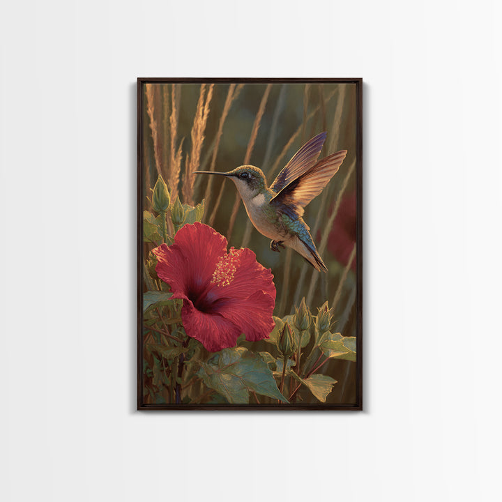 Hummingbird Hovering Beside Bright Hibiscus Framed Canvas Print, Bird Art, Nature Prints, Living Room Decor, Fine Art, Flight, BIR-2x3-84