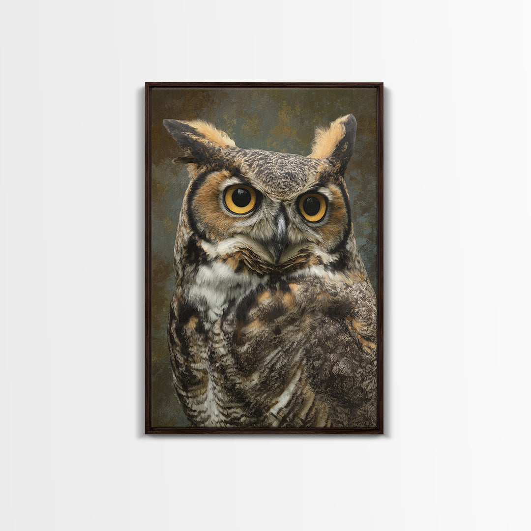 Owl Portrait with Wise Golden Eyes Framed Canvas Print, Bird Art, Boho Wall Decor, Living Room Decor, Fine Art, Flight, BIR-2x3-85