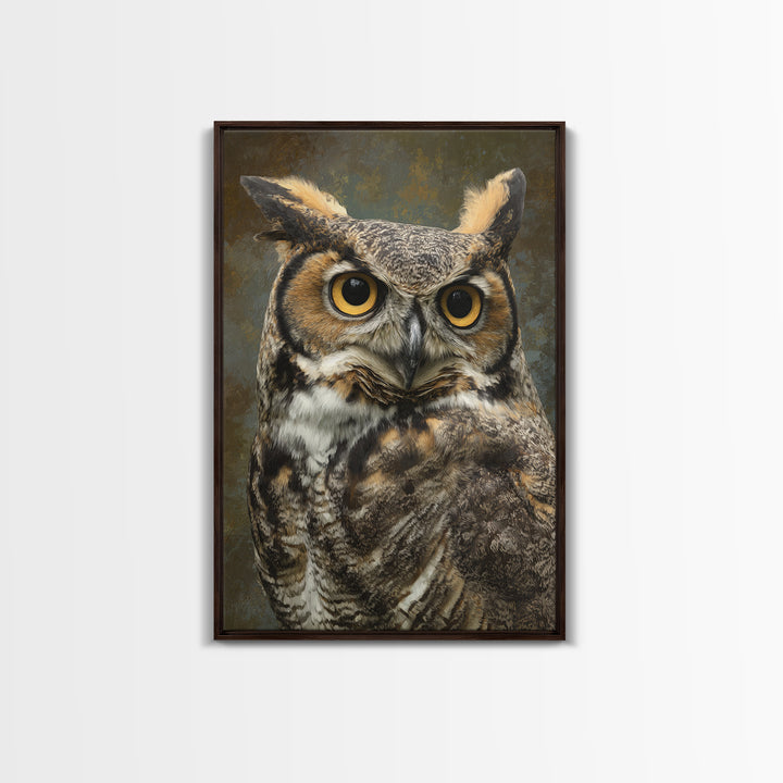 Owl Portrait with Wise Golden Eyes Framed Canvas Print, Bird Art, Boho Wall Decor, Living Room Decor, Fine Art, Flight, BIR-2x3-85