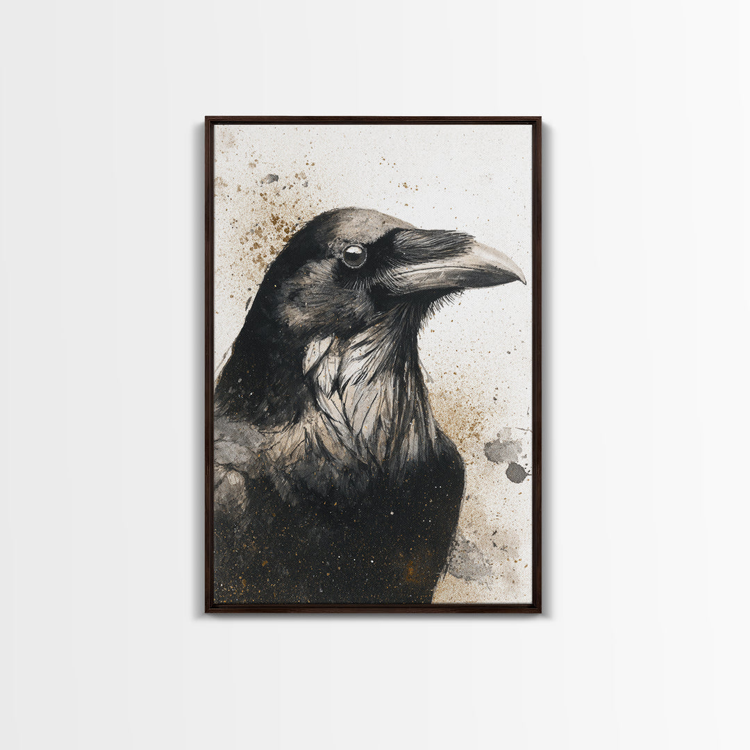 Raven Silhouette with Gothic Atmosphere Framed Canvas Print, Bird Art, Living Room Decor, Watercolor Art, Flight, BIR-2x3-89
