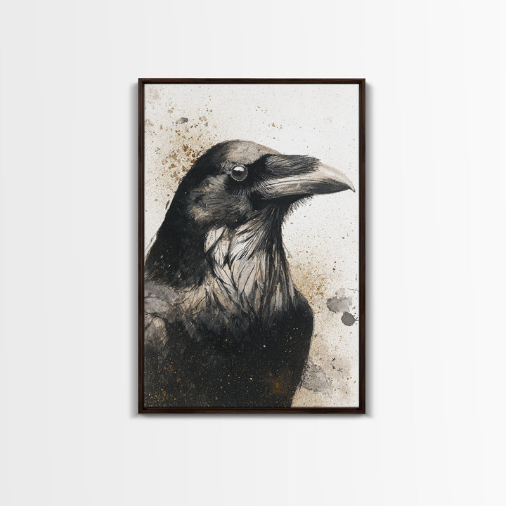 Raven Silhouette with Gothic Atmosphere Framed Canvas Print, Bird Art, Living Room Decor, Watercolor Art, Flight, BIR-2x3-89