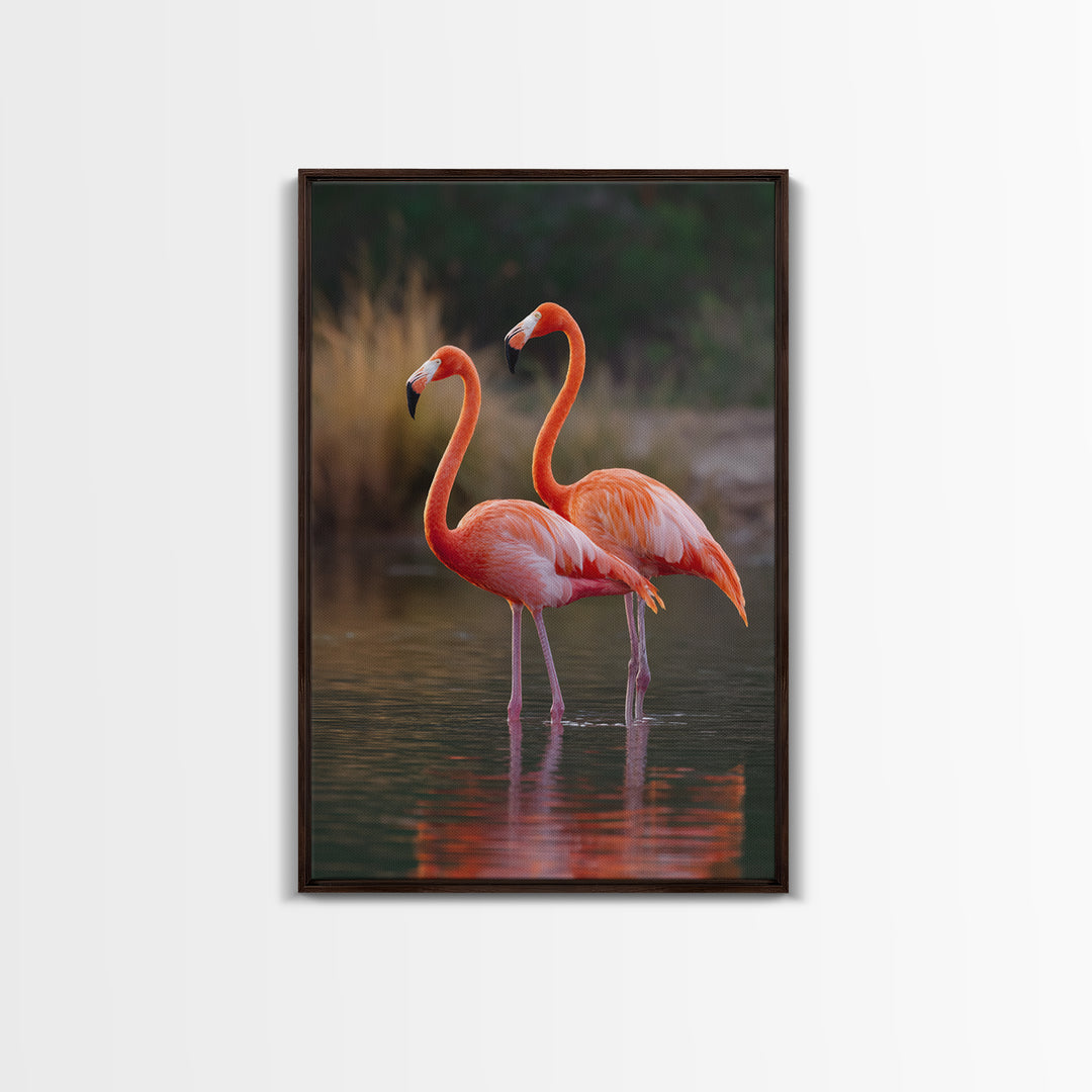 Flamingo Pair in Coral Water Reflections Framed Canvas Print, Bird Art, Original Art, Living Room Decor, Fine Art, Flight, BIR-2x3-90