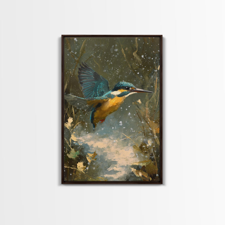Kingfisher Diving Toward Blue Water Canvas Print, Bird Art, Modern Art, Living Room Decor, Fine Art, Flight, Floral Art, BIR-2x3-91