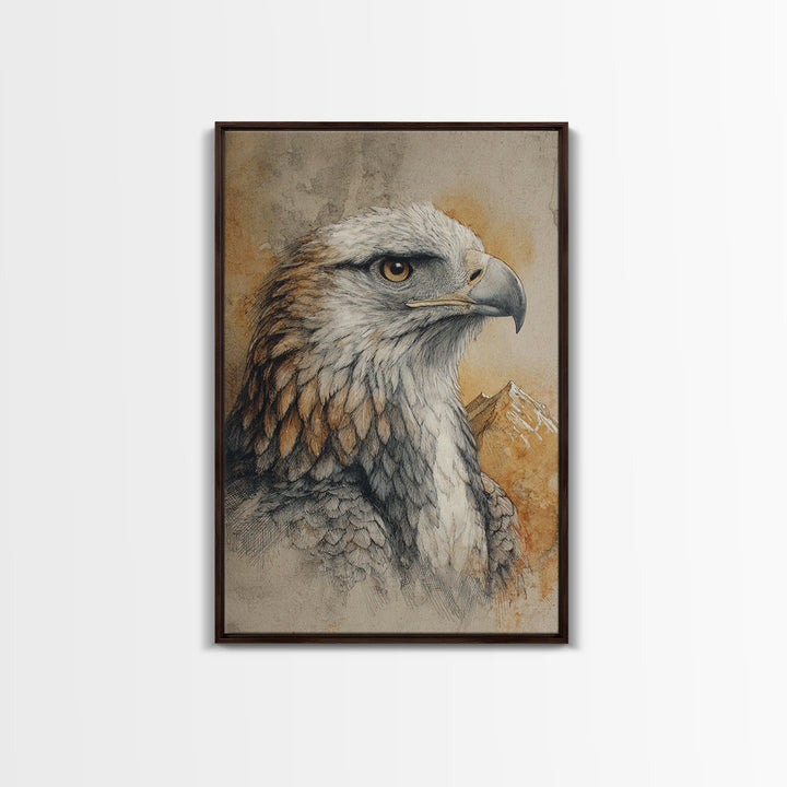 Eagle Portrait with Dramatic Mountain Wind Framed Canvas Print, Bird Art, Gallery Decor, Living Room Decor, Fine Art, Flight, BIR-2x3-92