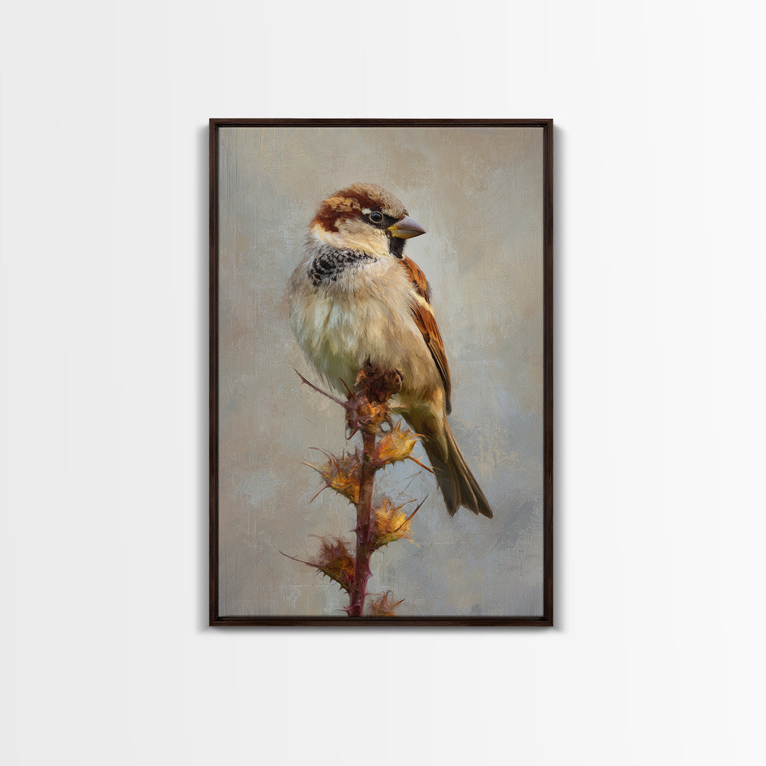 Small Sparrow on Wildflower Stem Framed Canvas Print, Bird Art, Digital Print, Living Room Decor, Watercolor Art, Flight, BIR-2x3-94
