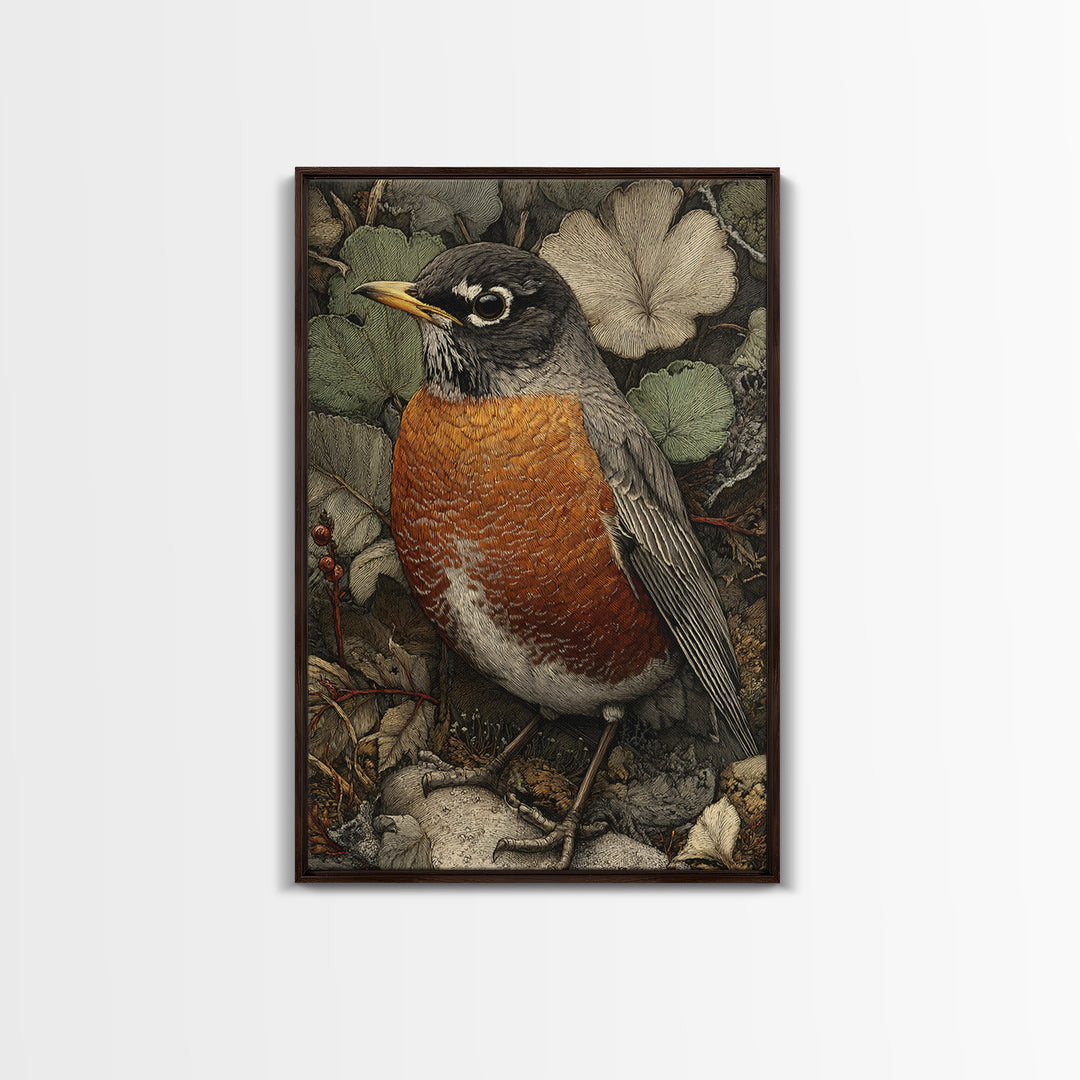 Robin in a Spring Garden with Soft Canvas Print, Bird Art, Botanical Wall Art, Living Room Decor, Watercolor Art, Flight, BIR-2x3-95