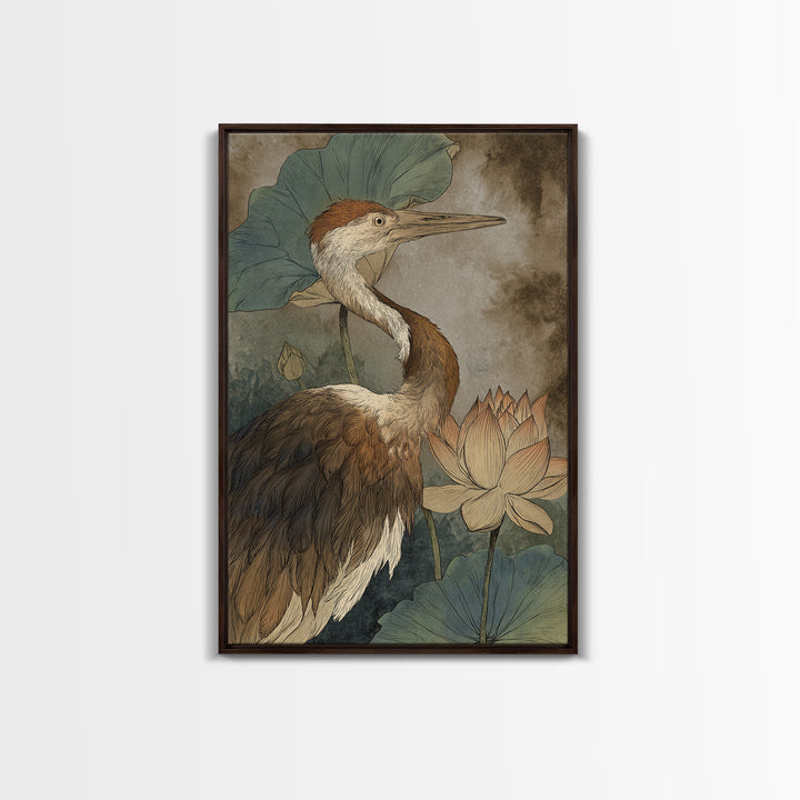 Crane and Lotus Composition Framed Canvas Print, Bird Art, Watercolor Painting, Living Room Decor, Flight, Living Room Art, BIR-2x3-97