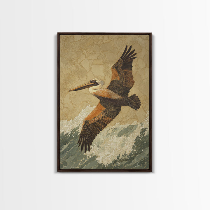 Pelican Flying over Coastal Waves Framed Canvas Print, Bird Art, Digital Prints, Living Room Decor, Watercolor Art, Flight, BIR-2x3-98