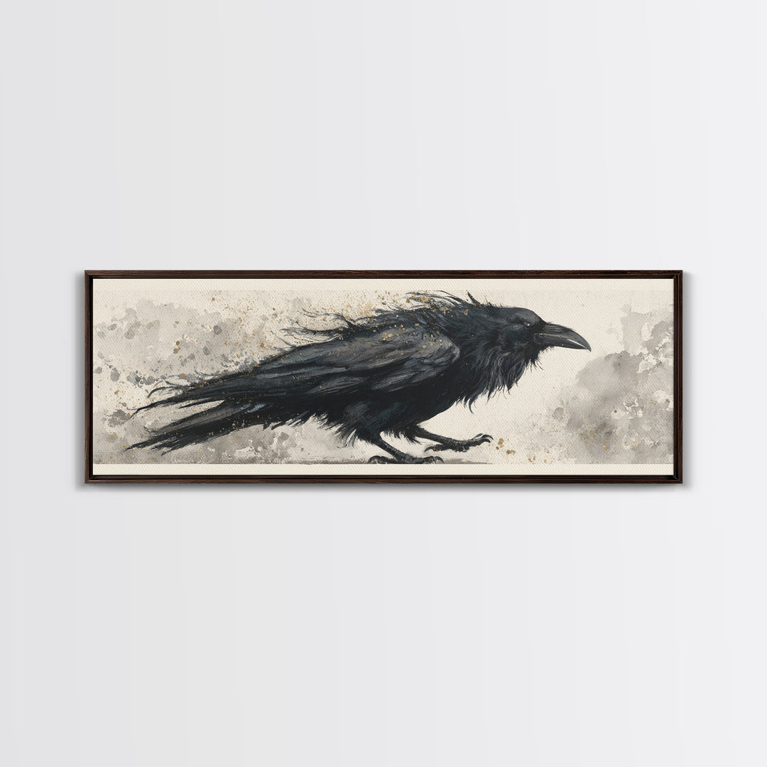 Raven Silhouette with Gothic Atmosphere Framed Canvas Print, Bird Art, Modern Wall Art, Living Room Decor, Fine Art, Flight, BIR-3x1-1