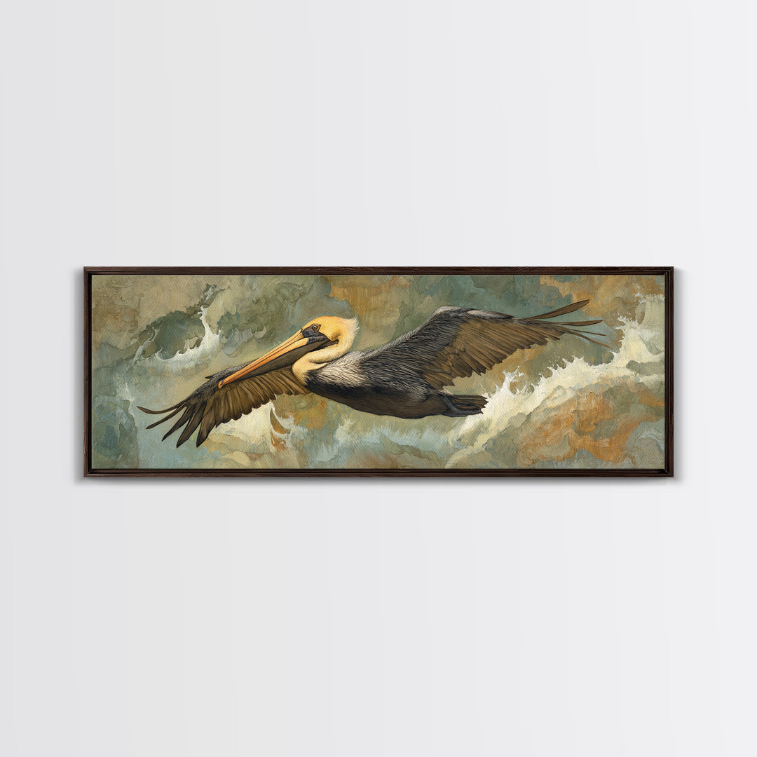 Pelican Flying over Coastal Waves Framed Canvas Print, Bird Art, Home Decor, Living Room Decor, Flight, Modern Wall Art, BIR-3x1-10