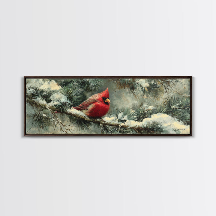 Red Cardinal on Snowy Pine Branch Framed Canvas Print, Bird Art, Botanical Wall Art, Living Room Decor, Watercolor Art, Flight, BIR-3x1-17