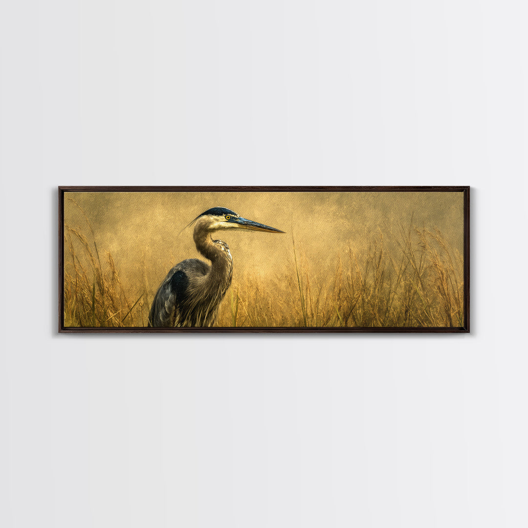 Blue Heron in Misty Marsh Grass Framed Canvas Print, Bird Art, Printable Art, Living Room Decor, Flight, Mid Century Wall Art, BIR-3x1-18