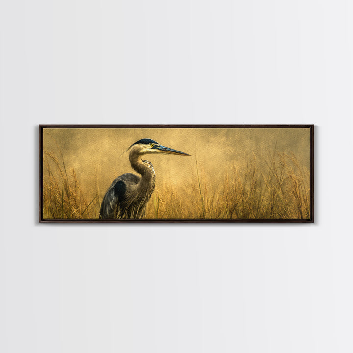 Blue Heron in Misty Marsh Grass Framed Canvas Print, Bird Art, Printable Art, Living Room Decor, Flight, Mid Century Wall Art, BIR-3x1-18