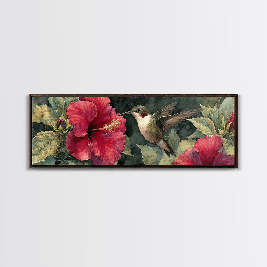 Hummingbird Hovering Beside Bright Hibiscus Canvas Print, Bird Art, Bird Wall Art, Living Room Decor, Fine Art, Flight, BIR-3x1-20