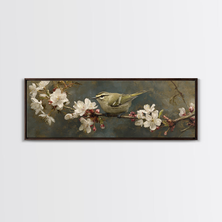 Songbird Perched on Cherry Blossoms Canvas Print, Bird Art, Nature Wall Art, Living Room Decor, Fine Art, Flight, BIR-3x1-24