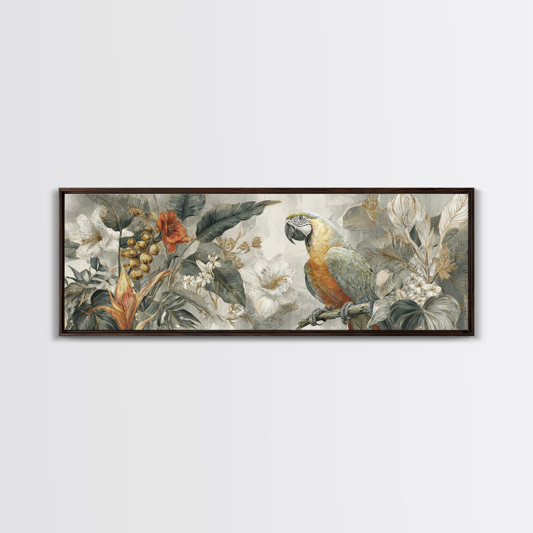 Parrot Among Tropical Leaves and Fruit Canvas Print, Bird Art, Boho Wall Decor, Living Room Decor, Oil Painting, Flight, BIR-3x1-29