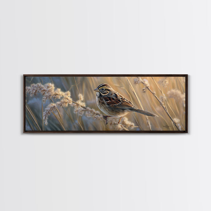 Small Sparrow on Wildflower Stem Canvas Print, Bird Art, Wall Art, Living Room Decor, Watercolor Art, Flight, Japanese Wall Art, BIR-3x1-30