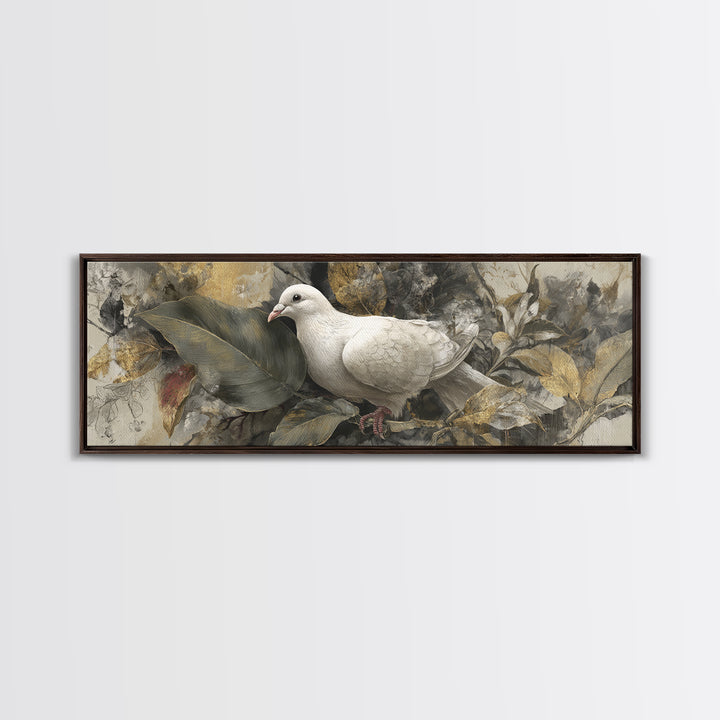 White Dove with Olive Branch and Calm Framed Canvas Print, Bird Art, Floral Art, Living Room Decor, Fine Art, Flight, BIR-3x1-32