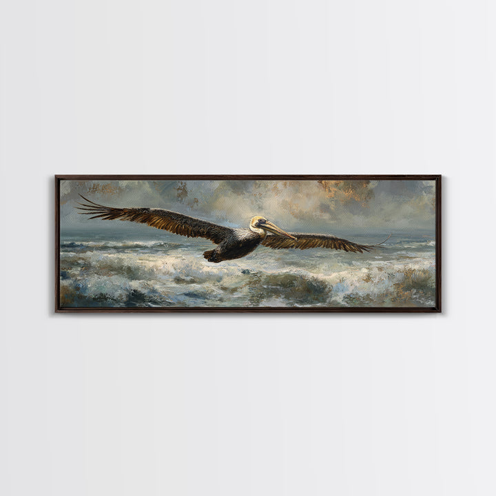 Pelican Flying over Coastal Waves Canvas Print, Bird Art, Original Art, Living Room Decor, Abstract Art, Flight, Mcm Decor, BIR-3x1-34