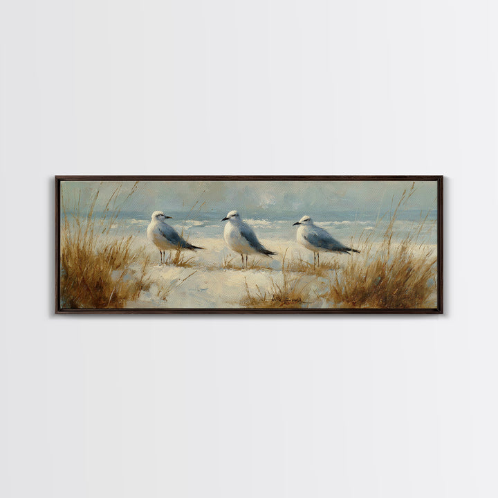 Seagulls Above a Pale Beach Horizon Canvas Print, Bird Art, Forest Wall Art, Living Room Decor, Flight, Minimalist Decor, BIR-3x1-36