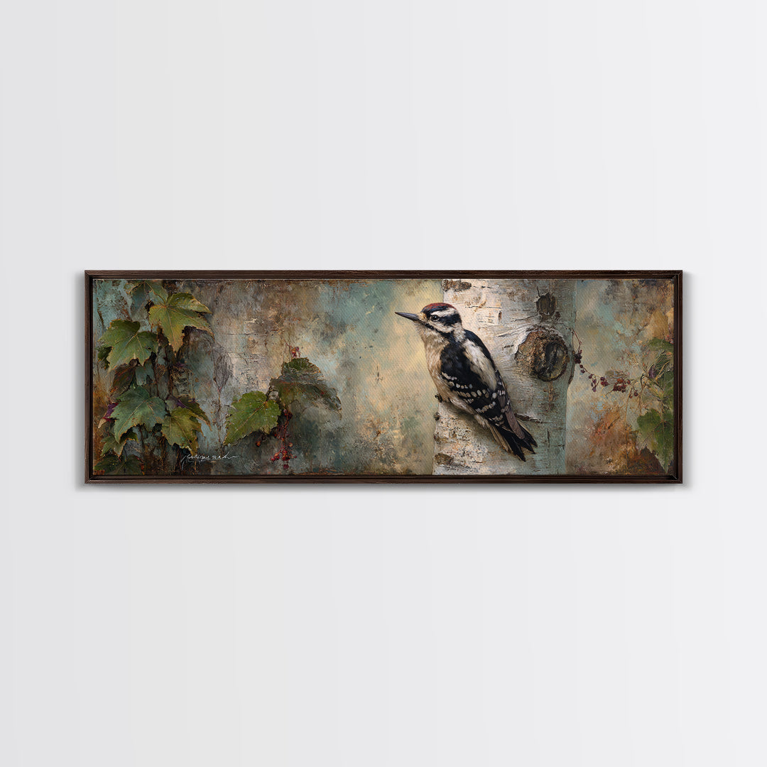 Woodpecker on Birch Bark Texture Framed Canvas Print, Bird Art, Modern Art, Living Room Decor, Watercolor Art, Flight, BIR-3x1-37