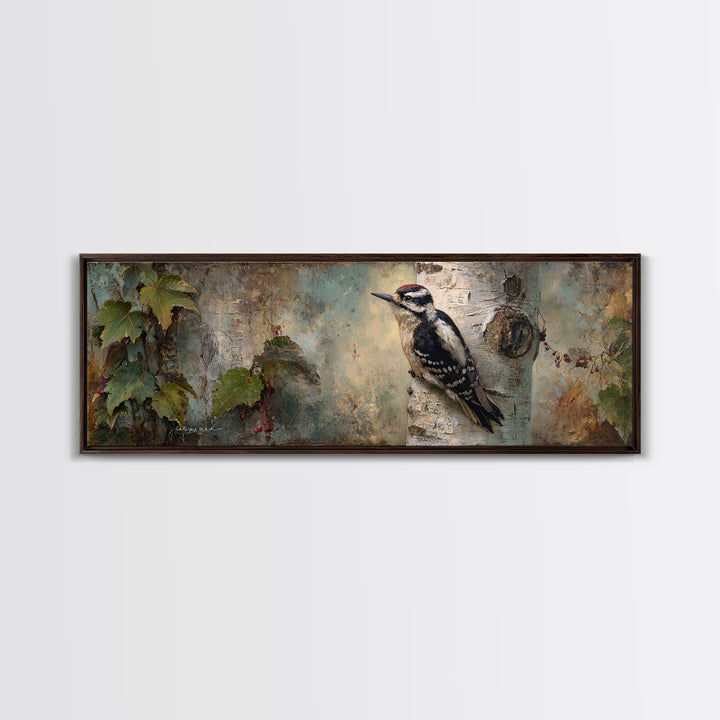 Woodpecker on Birch Bark Texture Framed Canvas Print, Bird Art, Modern Art, Living Room Decor, Watercolor Art, Flight, BIR-3x1-37
