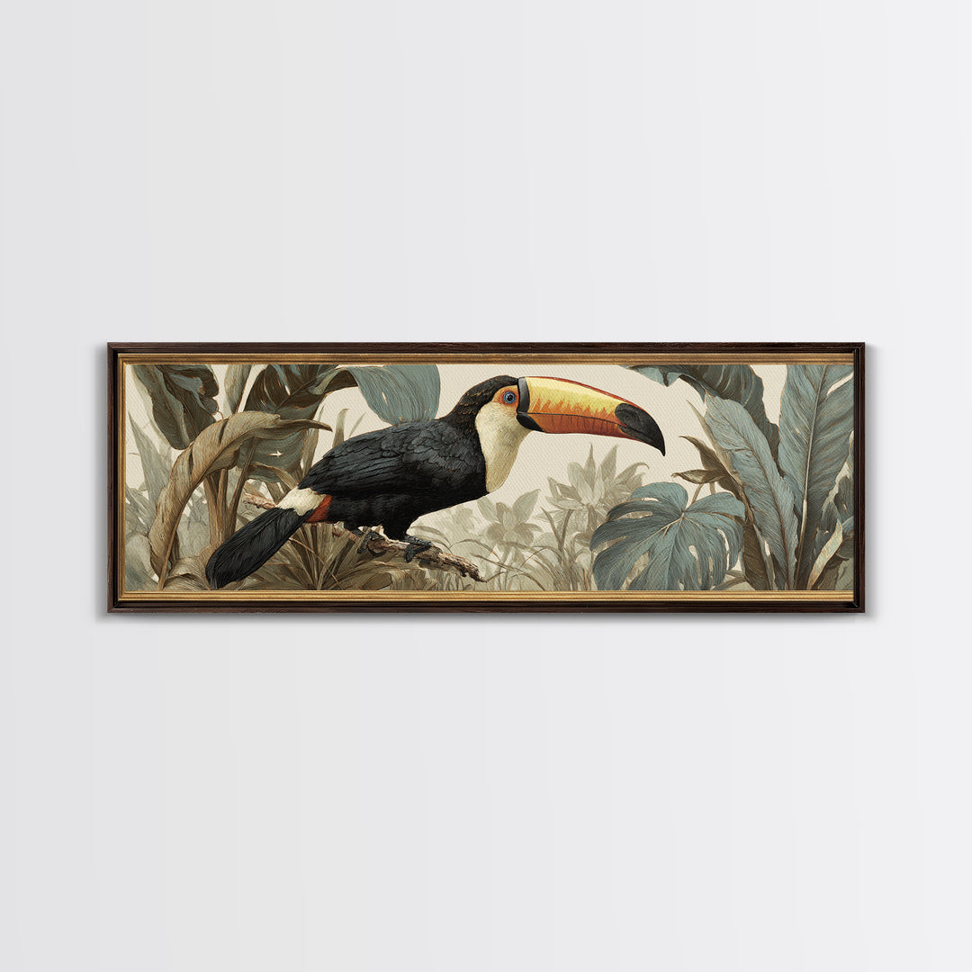 Toucan Framed by Bold Jungle Foliage Canvas Print, Bird Art, Fine Art Print, Living Room Decor, Fine Art, Flight, Wall Decor, BIR-3x1-39