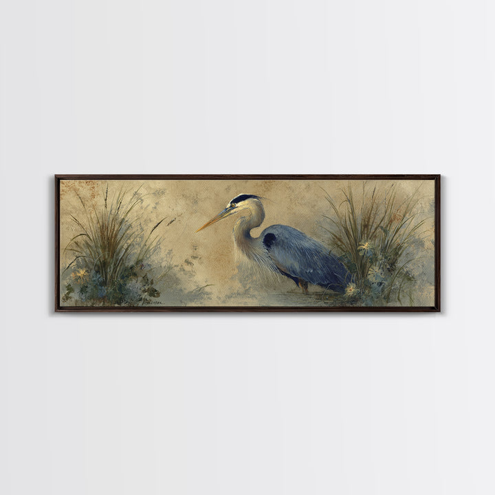 Blue Heron in Misty Marsh Grass Canvas Print, Bird Art, Boho Wall Decor, Living Room Decor, Fine Art, Flight, Nature Wall Art, BIR-3x1-42