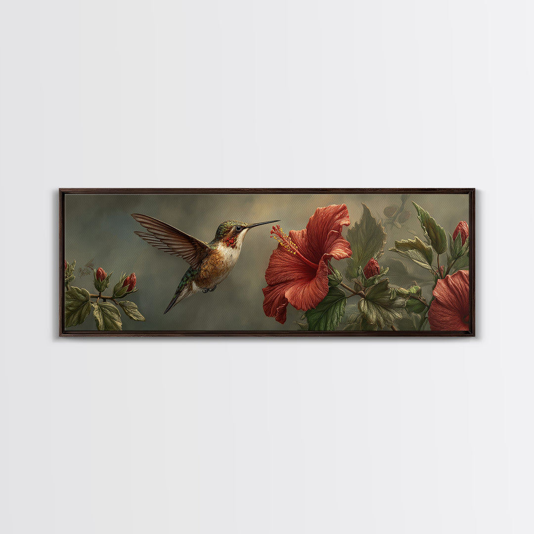 Hummingbird Hovering Beside Bright Hibiscus Framed Canvas Print, Bird Art, Neutral Decor, Living Room Decor, Fine Art, Flight, BIR-3x1-44