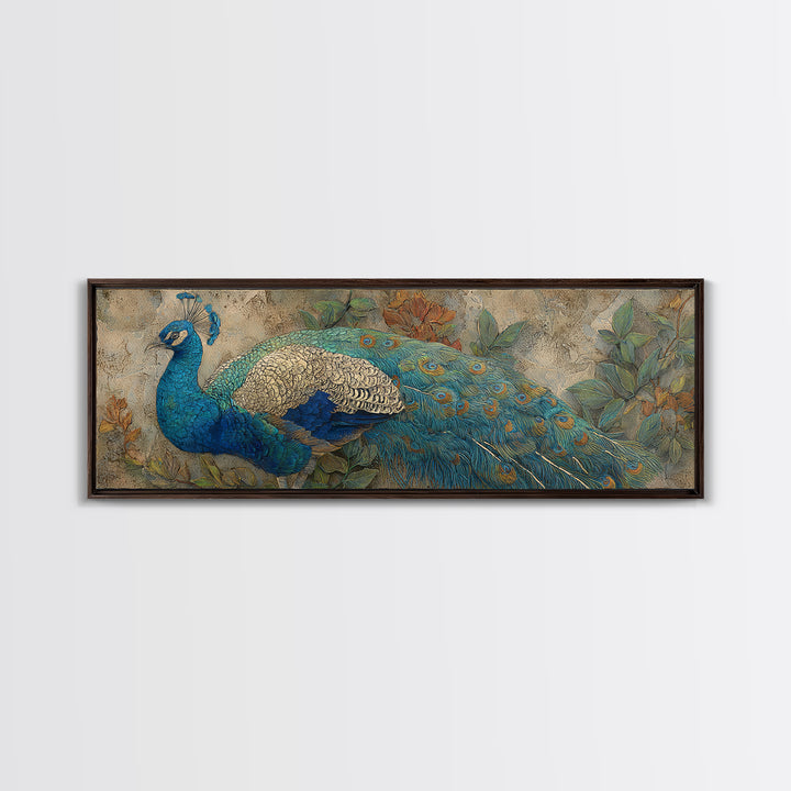 Peacock with Jewel Tone Feather Pattern Framed Canvas Print, Bird Art, Digital Prints, Living Room Decor, Oil Painting, Flight, BIR-3x1-47