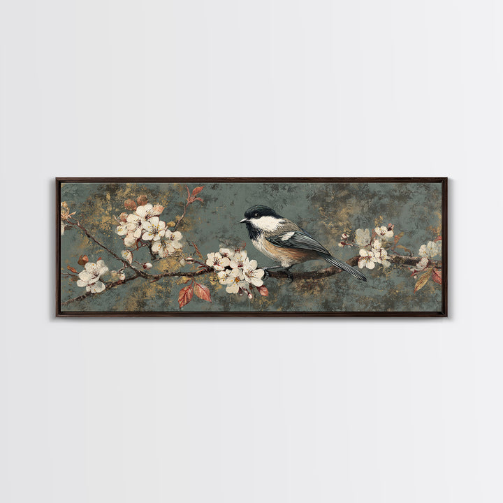 Songbird Perched on Cherry Blossoms Canvas Print, Bird Art, Art Print, Living Room Decor, Fine Art, Flight, Original Art, BIR-3x1-48