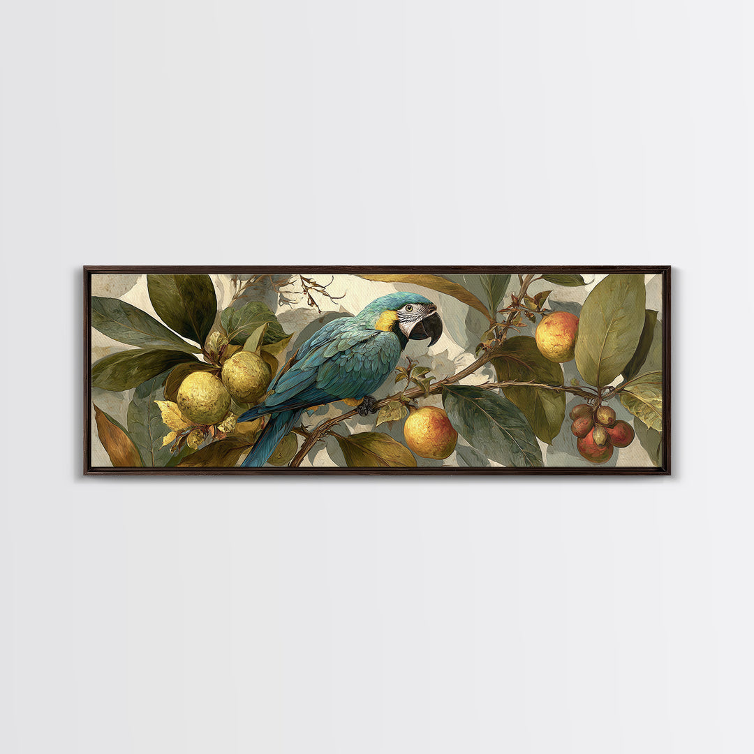 Parrot Among Tropical Leaves and Fruit Framed Canvas Print, Bird Art, Bird Prints, Living Room Decor, Fine Art, Flight, BIR-3x1-53