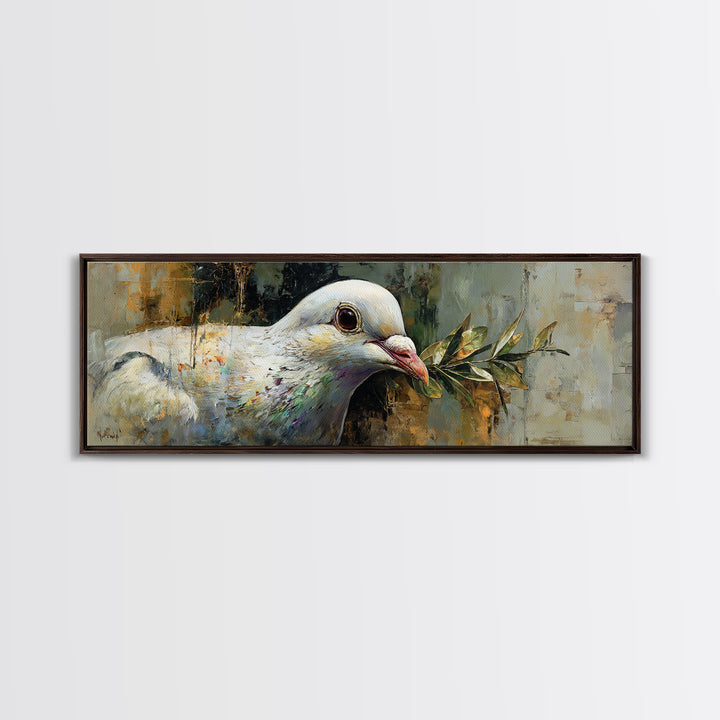 White Dove with Olive Branch and Calm Framed Canvas Print, Bird Art, Textured Painting, Living Room Decor, Oil Painting, Flight, BIR-3x1-56