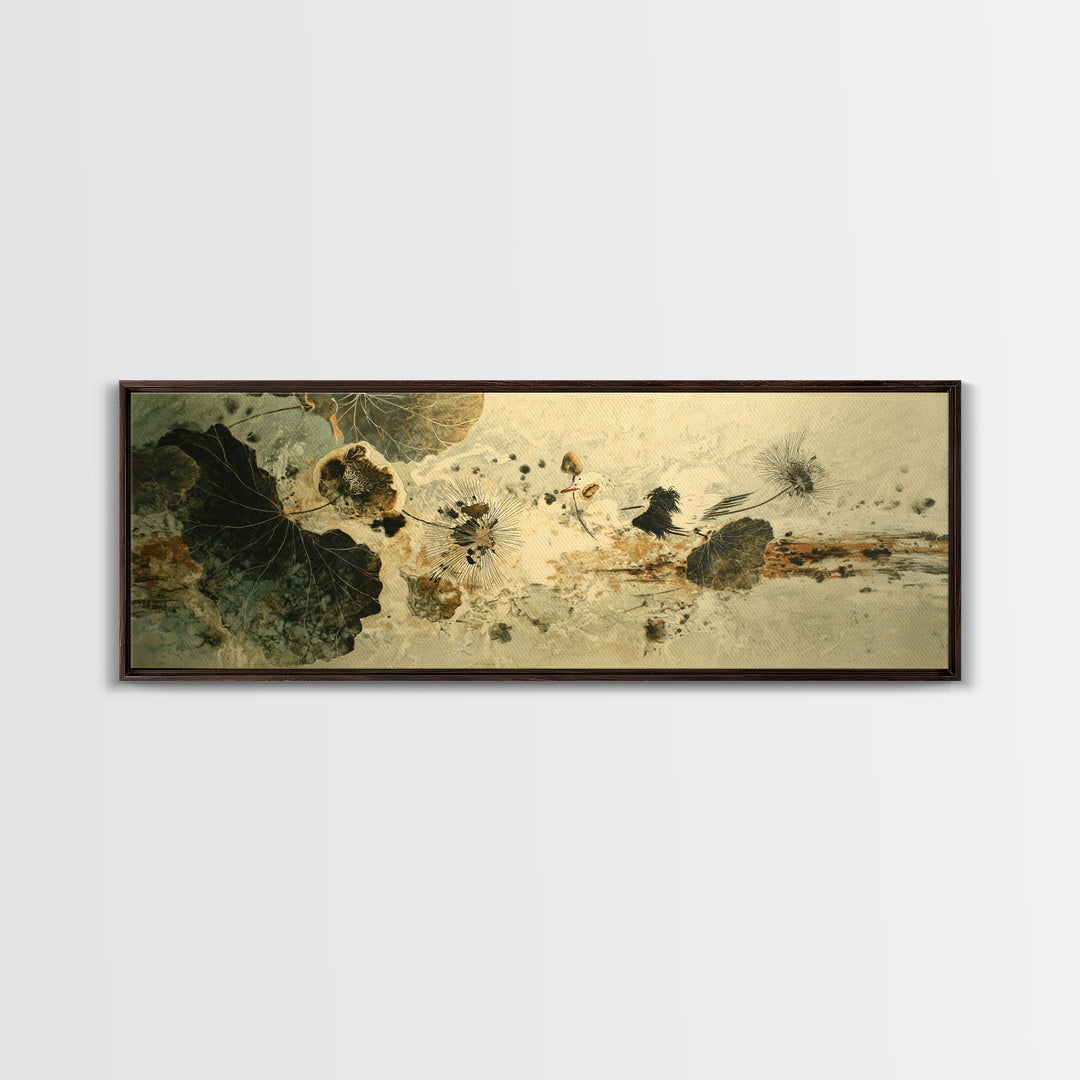 Crane and Lotus Composition Framed Canvas Print, Bird Art, Mid Century Wall Art, Living Room Decor, Fine Art, Flight, BIR-3x1-57