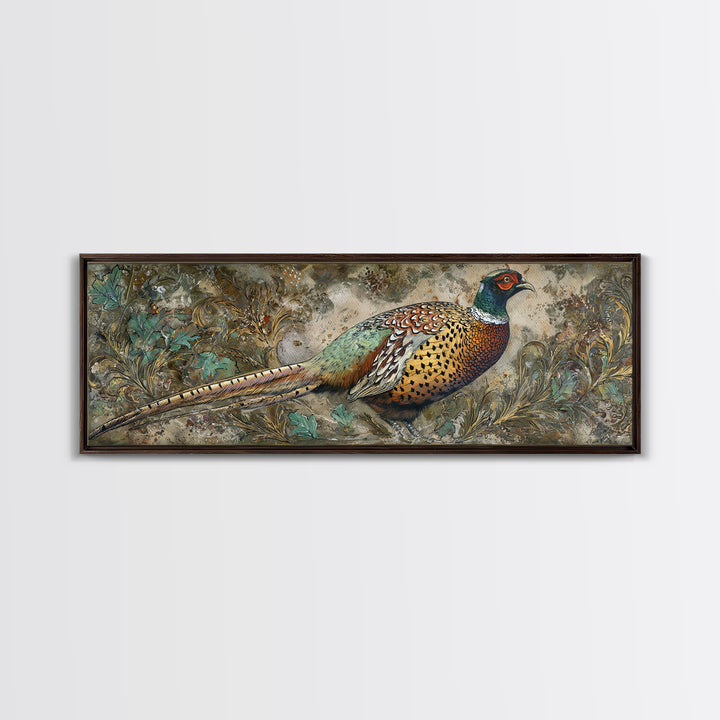 Pheasant with Ornate Feather Details Framed Canvas Print, Bird Art, Wall Art, Living Room Decor, Flight, Japanese Wall Art, BIR-3x1-59