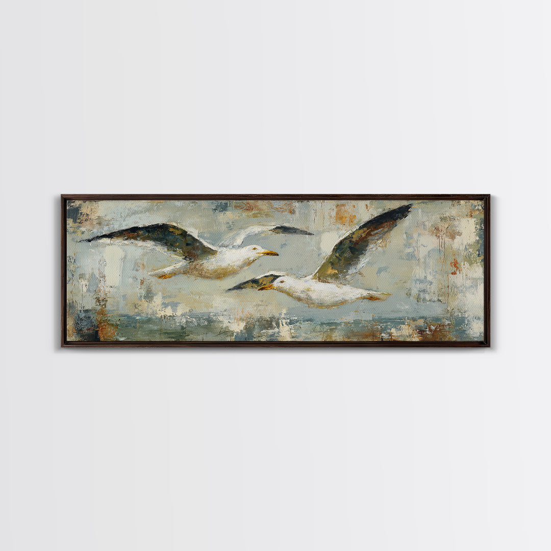 Seagulls Above a Pale Beach Horizon Framed Canvas Print, Bird Art, Boho Decor, Living Room Decor, Oil Painting, Flight, BIR-3x1-60