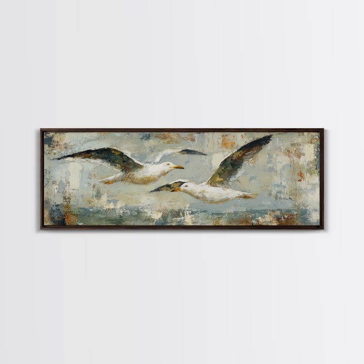 Seagulls Above a Pale Beach Horizon Framed Canvas Print, Bird Art, Boho Decor, Living Room Decor, Oil Painting, Flight, BIR-3x1-60
