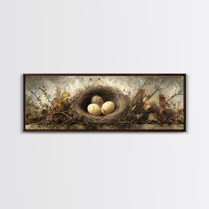 Bird Nest with Eggs and Delicate Twigs Canvas Print, Bird Art, Gallery Decor, Living Room Decor, Oil Painting, Flight, BIR-3x1-62