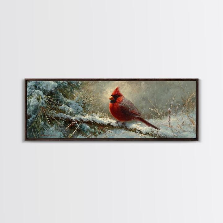 Red Cardinal on Snowy Pine Branch Canvas Print, Bird Art, Nature Prints, Living Room Decor, Fine Art, Flight, Boho Decor, BIR-3x1-65