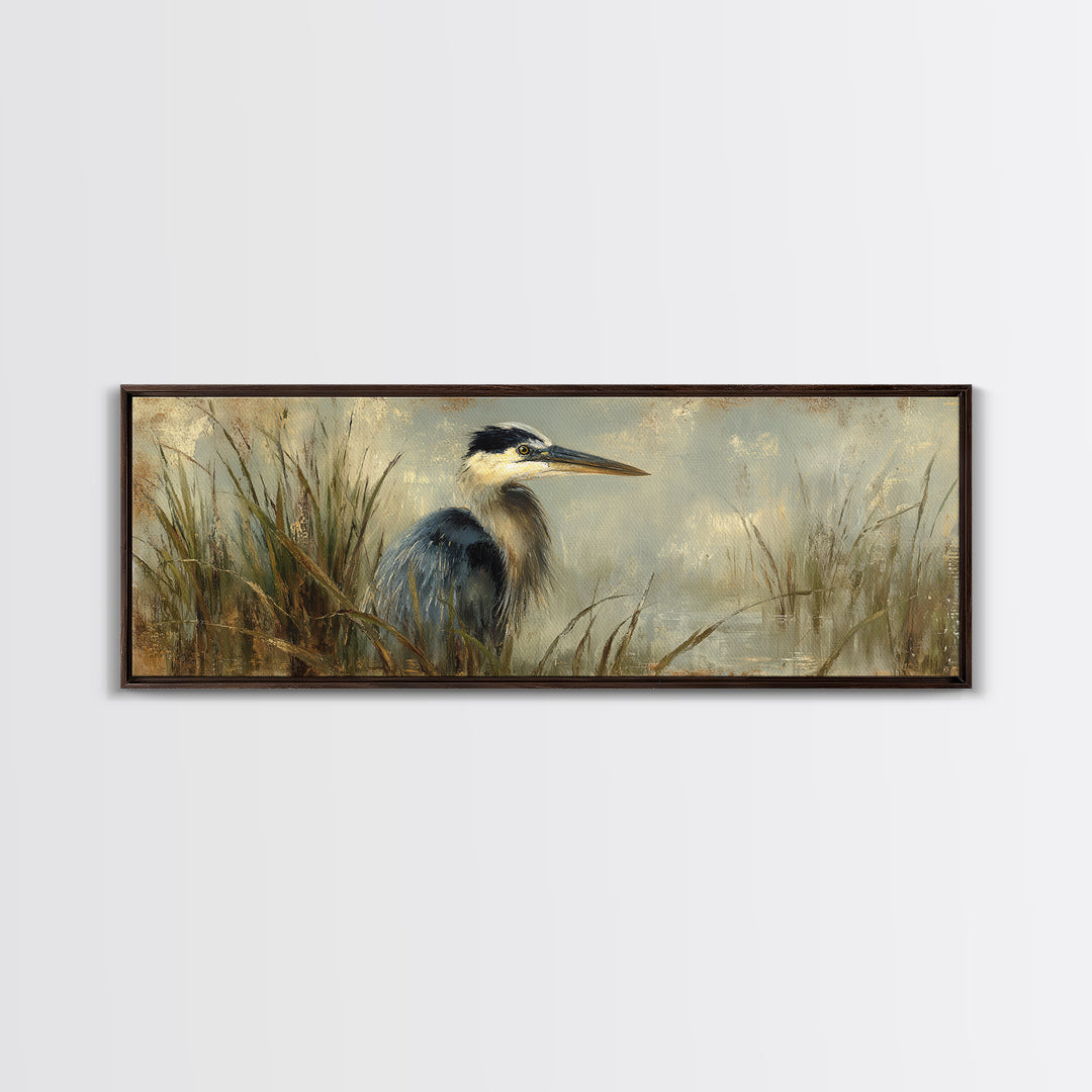 Blue Heron in Misty Marsh Grass Canvas Print, Bird Art, Boho Wall Decor, Living Room Decor, Fine Art, Flight, Nature Wall Art, BIR-3x1-66