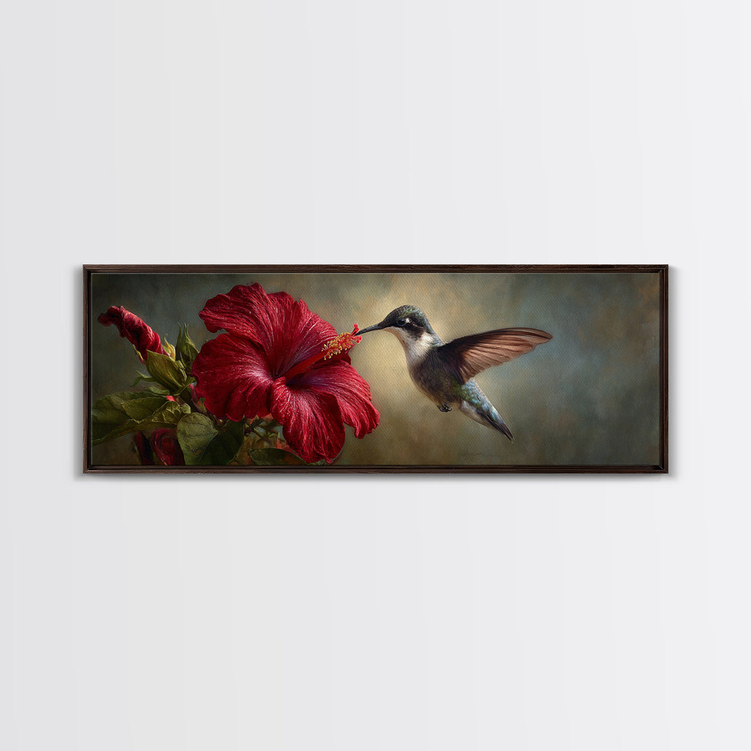 Hummingbird Hovering Beside Bright Hibiscus Framed Canvas Print, Bird Art, Living Room Decor, Watercolor Art, Flight, BIR-3x1-68