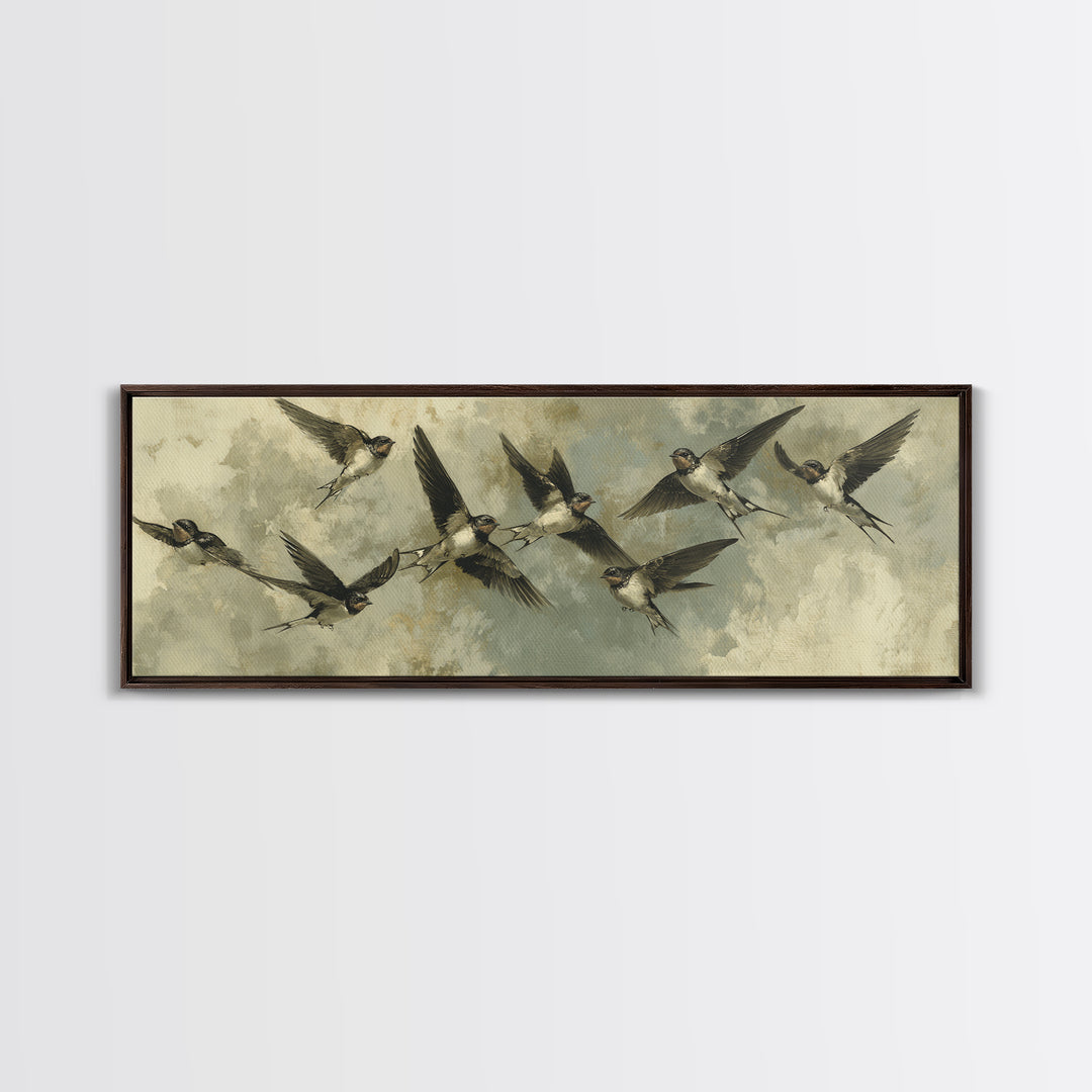 Flock of Swallows Sweeping Across Open Sky Canvas Print, Bird Art, Art Print, Living Room Decor, Oil Painting, Flight, BIR-3x1-70
