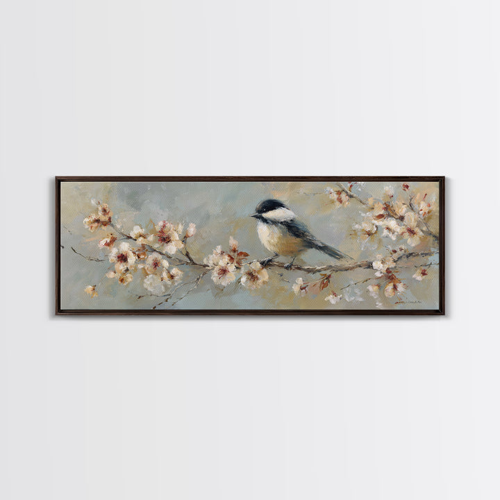 Songbird Perched on Cherry Blossoms Framed Canvas Print, Bird Art, Wall Art, Living Room Decor, Flight, Japanese Wall Art, BIR-3x1-72