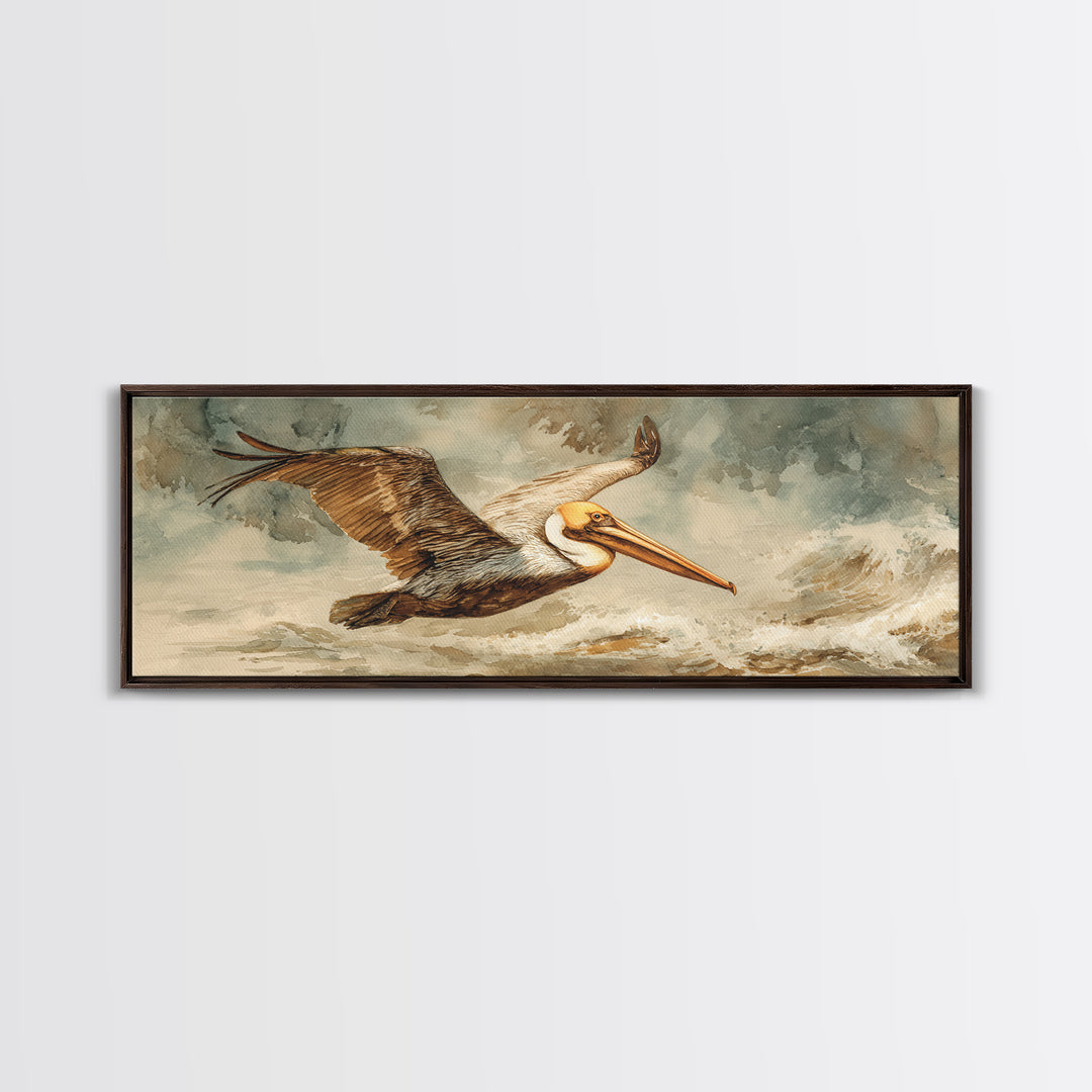 Pelican Flying over Coastal Waves Framed Canvas Print, Bird Art, Japanese Wall Art, Living Room Decor, Fine Art, Flight, BIR-3x1-82