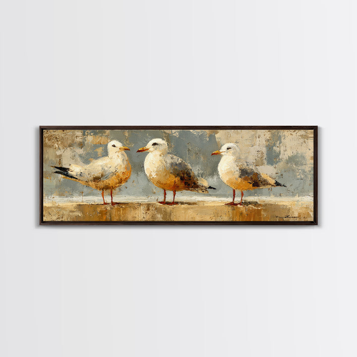 Seagulls Above a Pale Beach Horizon Framed Canvas Print, Bird Art, Digital Prints, Living Room Decor, Fine Art, Flight, BIR-3x1-84