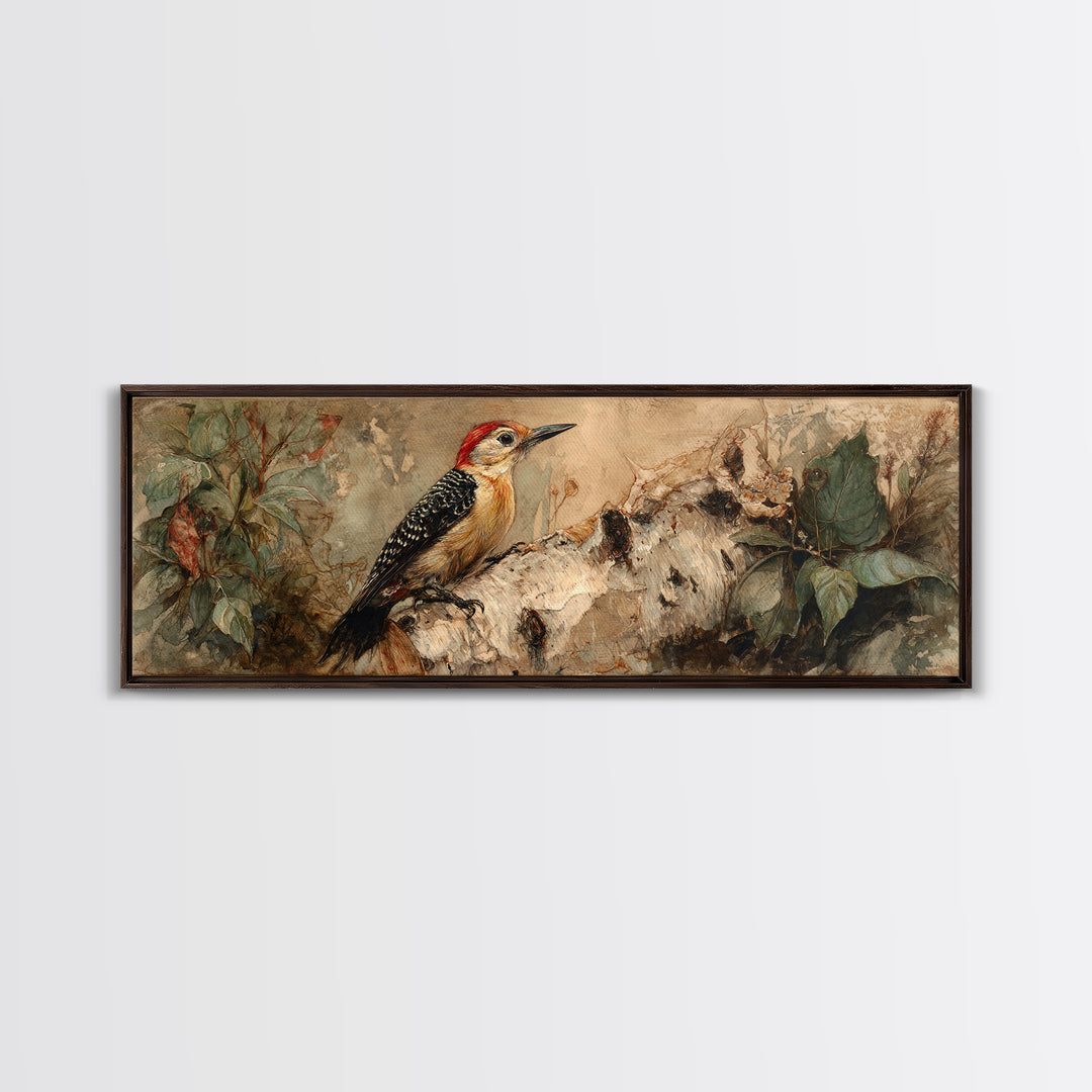 Woodpecker on Birch Bark Texture Canvas Print, Bird Art, Digital Download Art, Living Room Decor, Oil Painting, Flight, BIR-3x1-85