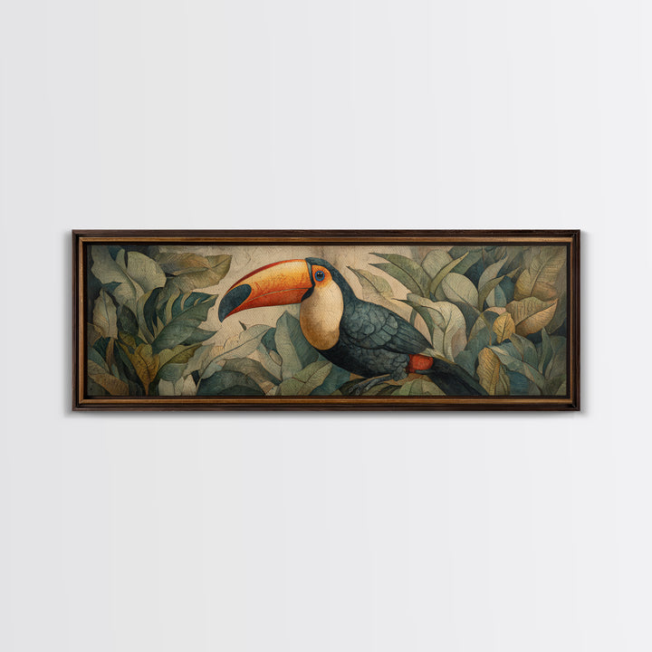 Toucan Framed by Bold Jungle Foliage Framed Canvas Print, Bird Art, Original Art, Living Room Decor, Fine Art, Flight, BIR-3x1-87